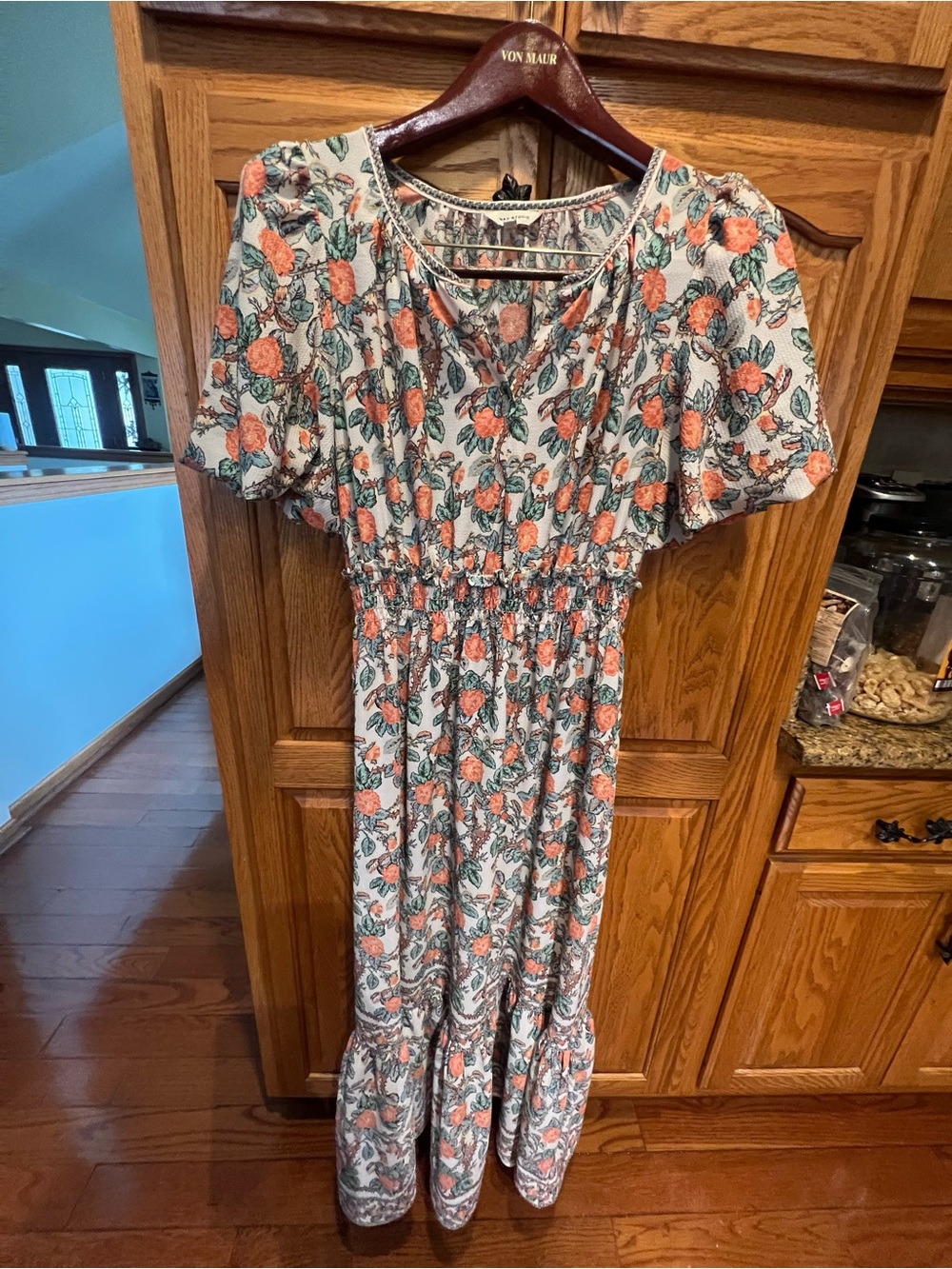 Max Studio Cream Maxi Dress with Coral Floral Print